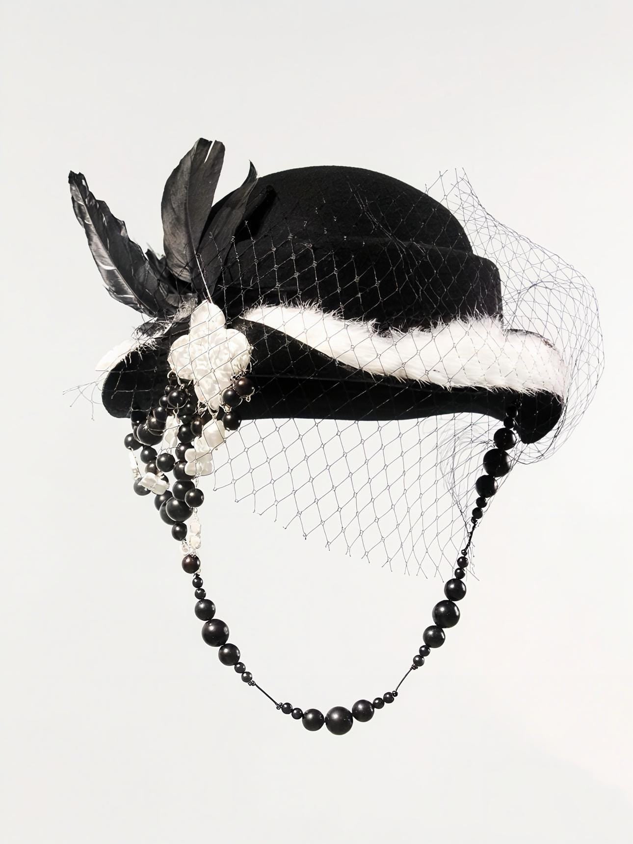 Gothic Wool Veil Hat Fascinator, Ceramic Flower, Feathers, Beaded Drape, Chrisman Victorian Dark Couture - Gothic Wool Veil Hat Fascinator, Ceramic Flower, Feathers, Beaded Drape, Chrisman Victorian Dark Couture - Dorothy