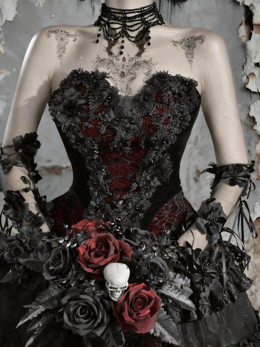 Crimson Widow Gothic Velvet Corset Dress - Victorian Baroque Gown for Christmas Ball, Holiday Gala & New Year Masquerade Party, Gift for Her