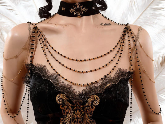 Gothic Velvet Choker with Beaded Shoulder Chains – Multi-Layer Crystal Draped Necklace, Baroque Victorian Statement Jewelry