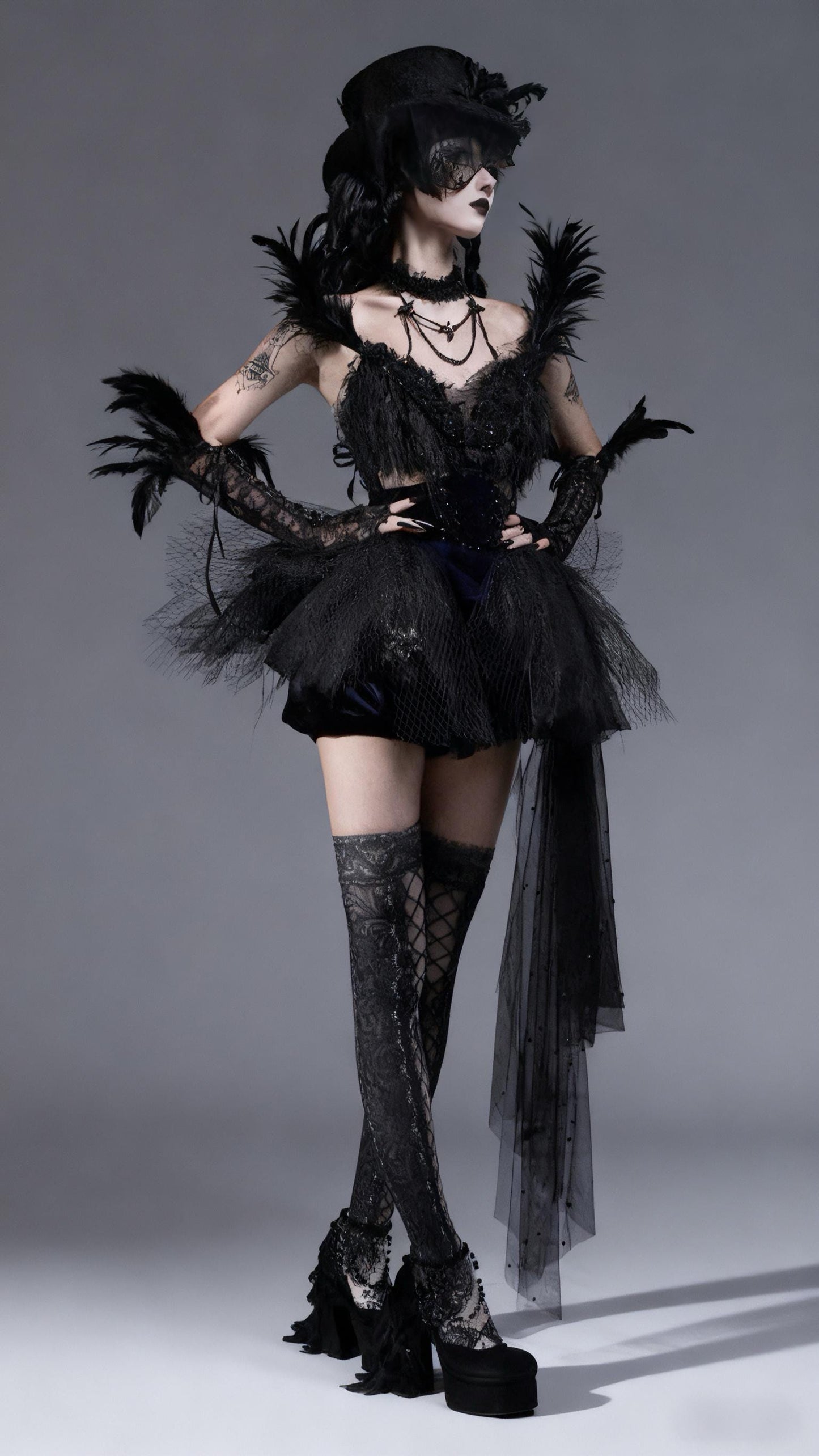 Dark Swan Gothic Feather Tutu Corset Dress with Detachable Beaded Necklace, Black Feather Ballet Dress, Couture Mini Dress
