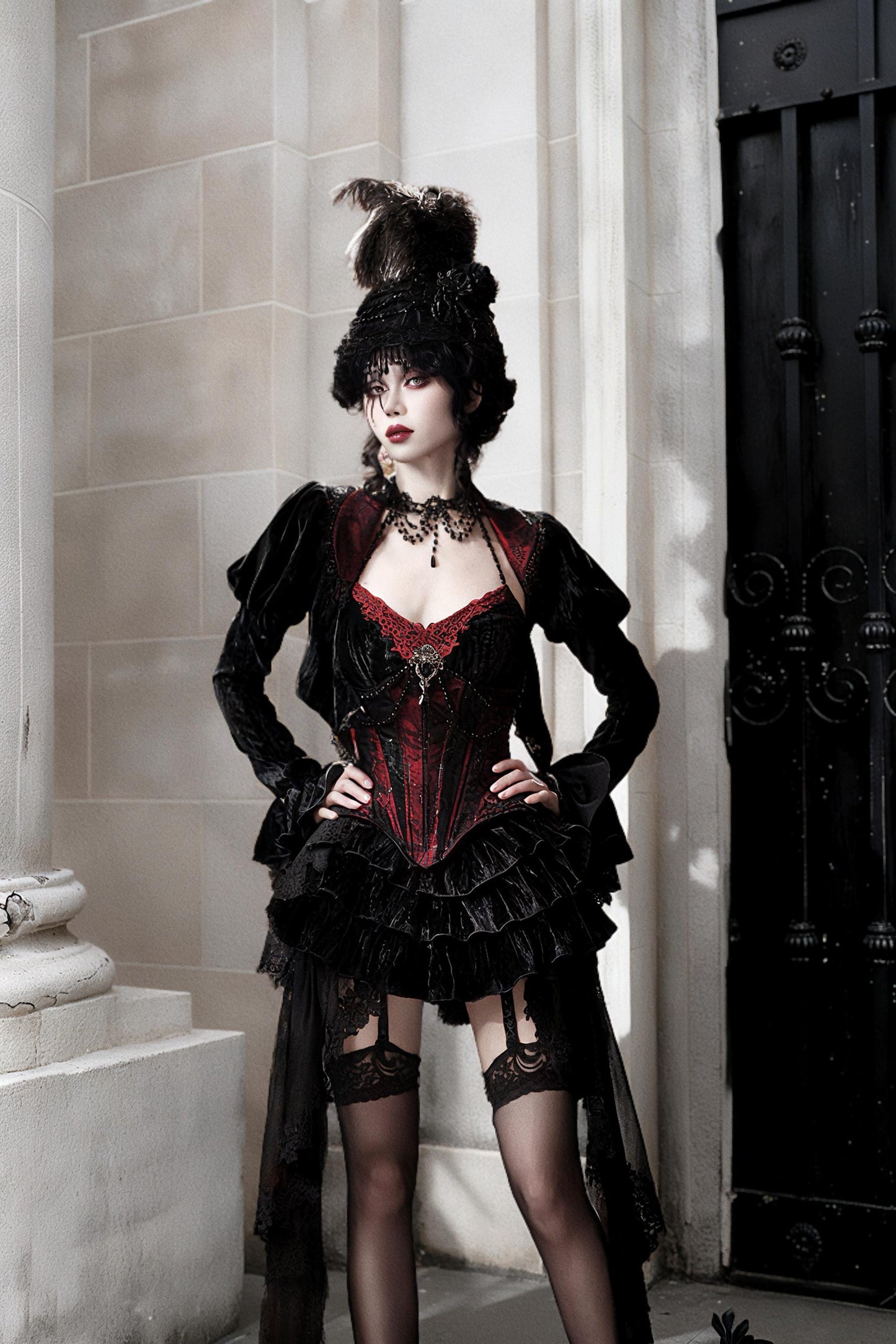 Countess of Dracula Gothic Set | Velvet Vampire Jacket & Lace Mermaid Skirt, Victorian Holiday Outfit, Dark Aristocrat Christmas Costume