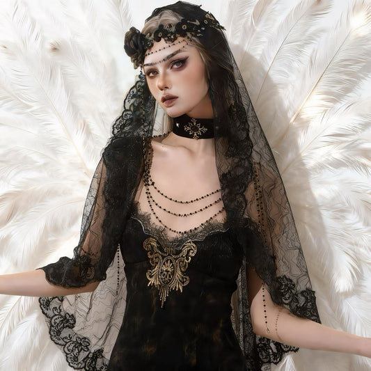 Eclipsed Saint Veil – Gothic Black Lace Veil & Beaded Headpiece Set, Vampire Bride Headdress, Dark Wedding Shawl, Witch Nun Costume