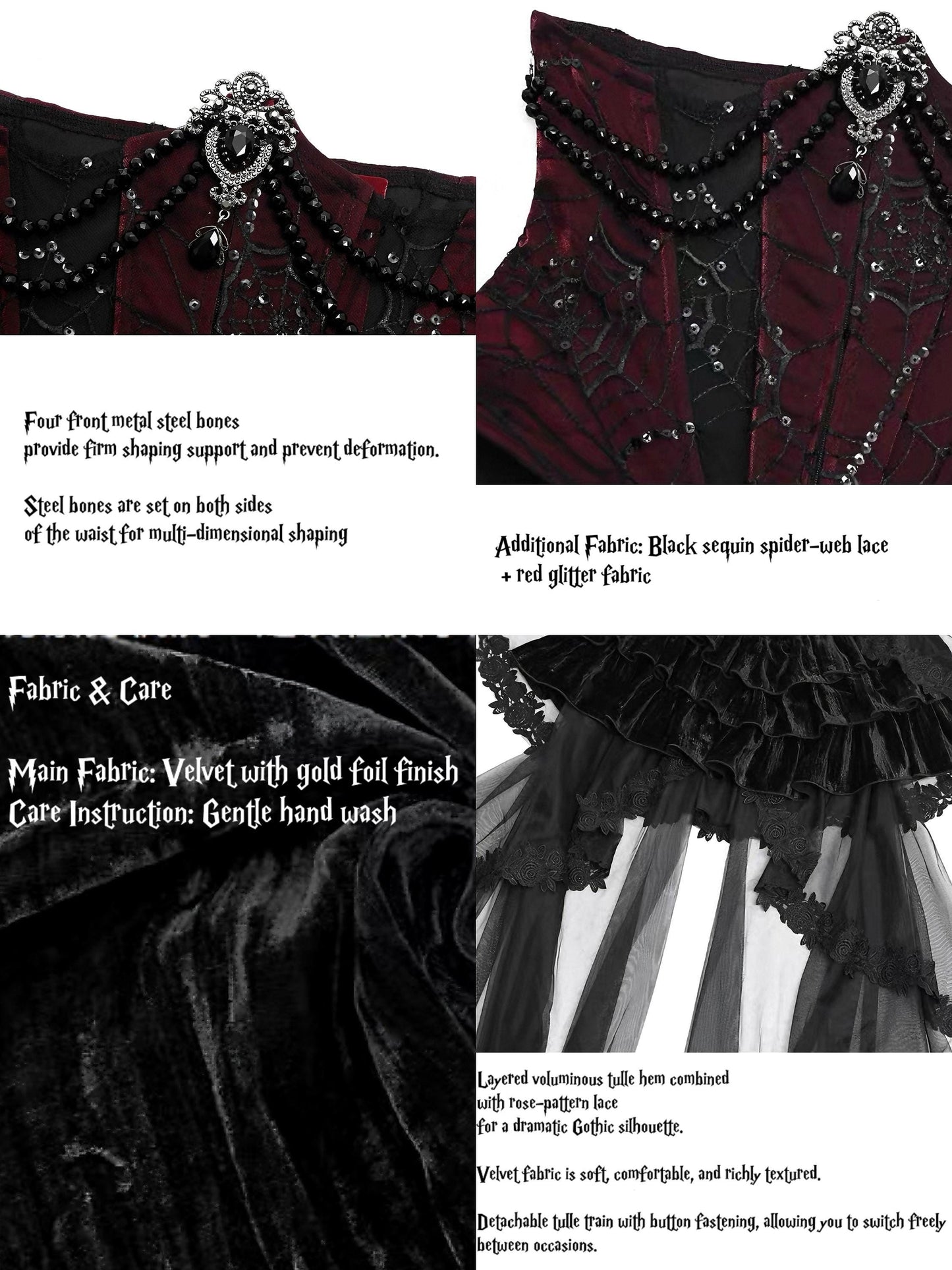 Countess of Dracula Gothic Corset Dress with Choker, Red Velvet Lace Vampire Costume, Victorian Gothic Corset Top & Layered Mesh Skirt