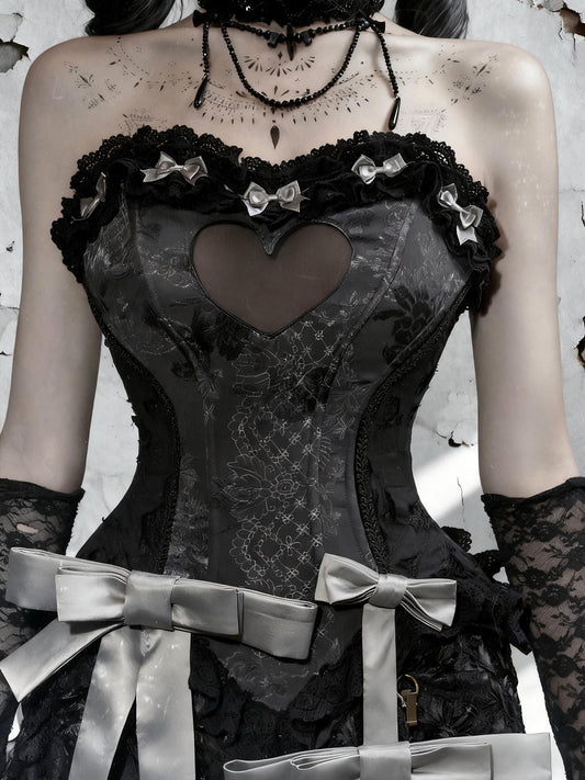 Gothic Black Heart Corset Top – Sheer Mesh Bustier with Jacquard Fabric & Cotton Lace Trim Dark Romantic Lace Up Corset, Gift for Cosplayer