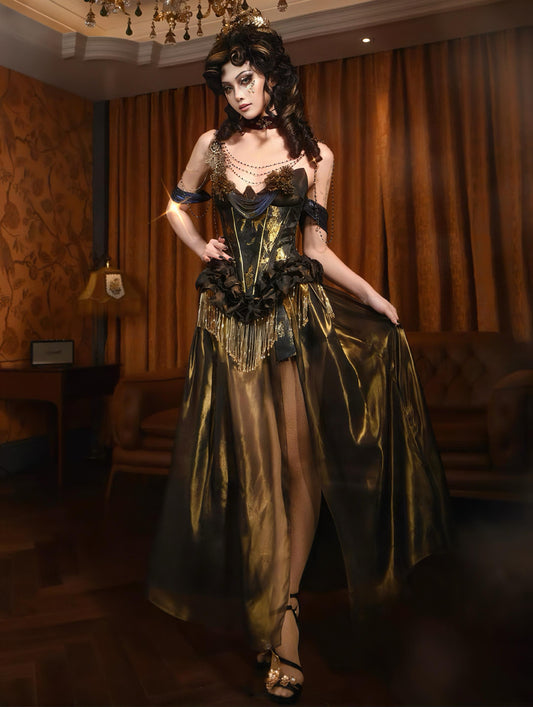 Golden Time Gothic Corset Dress, Baroque Gold Renaissance Gown, Victorian Masquerade Costume, Dark Romance Party Outfit, Retro Queen
