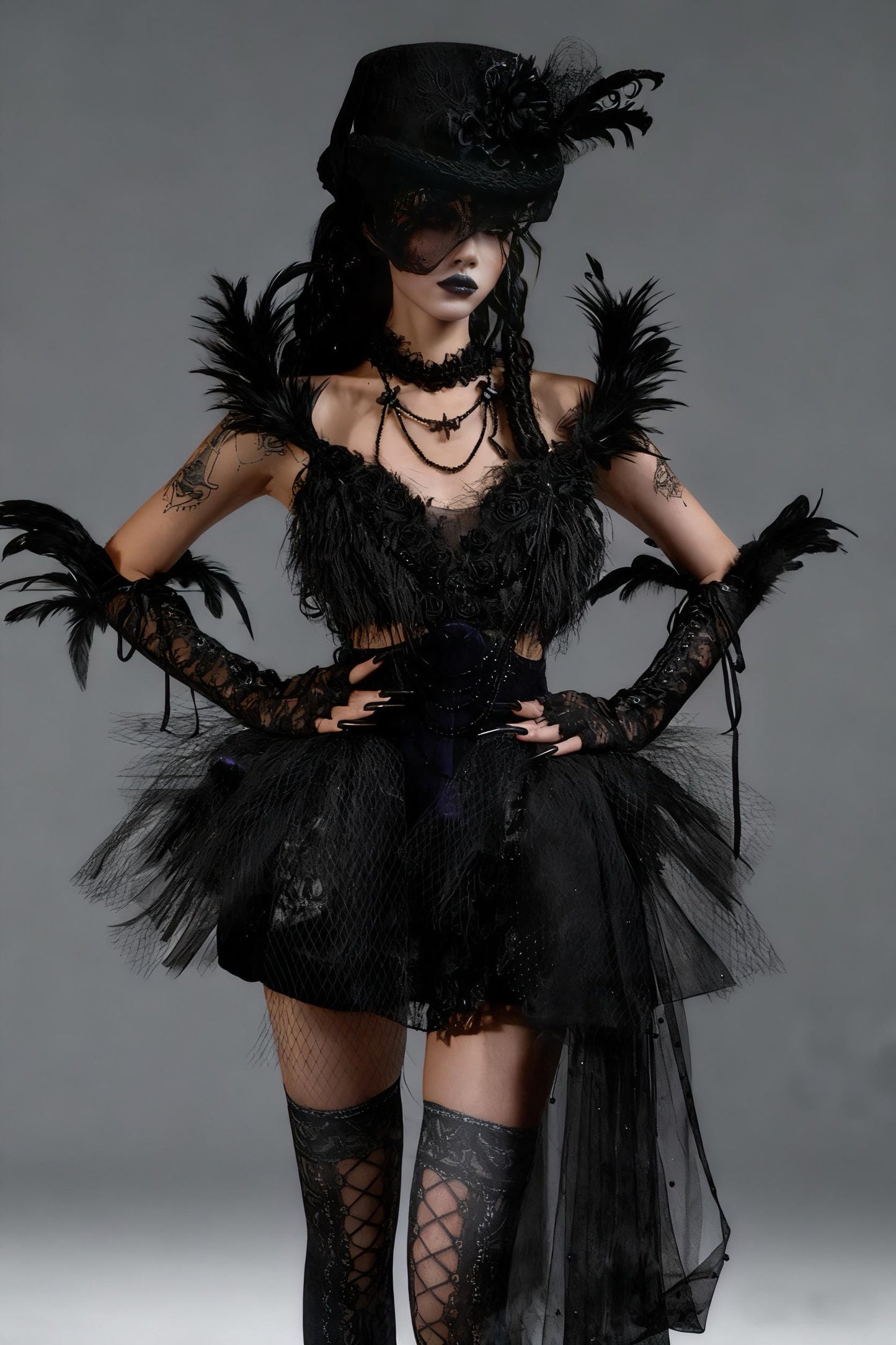 Dark Swan Gothic Feather Tutu Corset Dress with Detachable Beaded Necklace, Black Feather Ballet Dress, Couture Mini Dress
