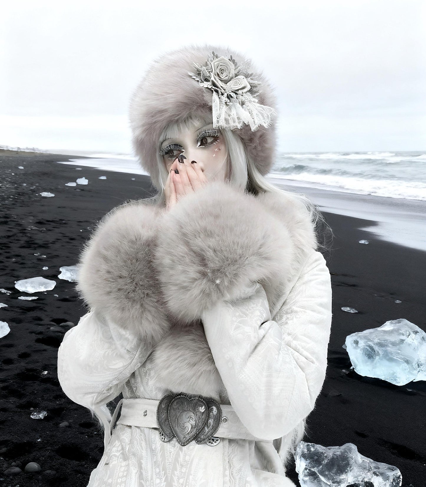 Gothic Faux Fur Winter Hat – Warm Lace Rose Headpiece, Victorian Lolita Cosplay Headdress, Halloween Costume Accessory, gift for cosplayer