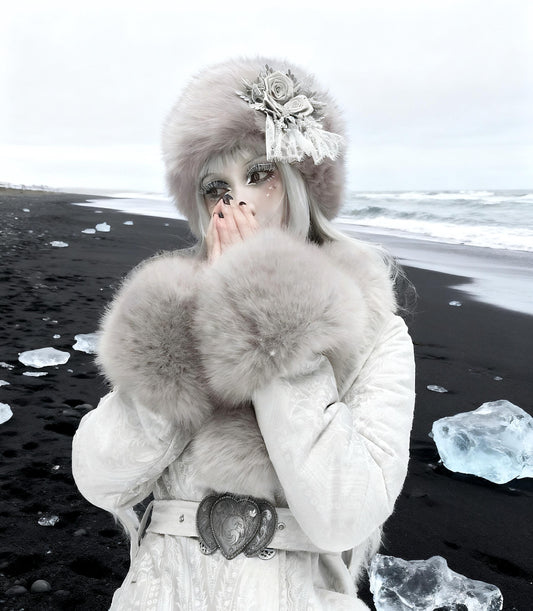 Gothic Faux Fur Winter Hat – Warm Lace Rose Headpiece, Victorian Lolita Cosplay Headdress, Halloween Costume Accessory, gift for cosplayer