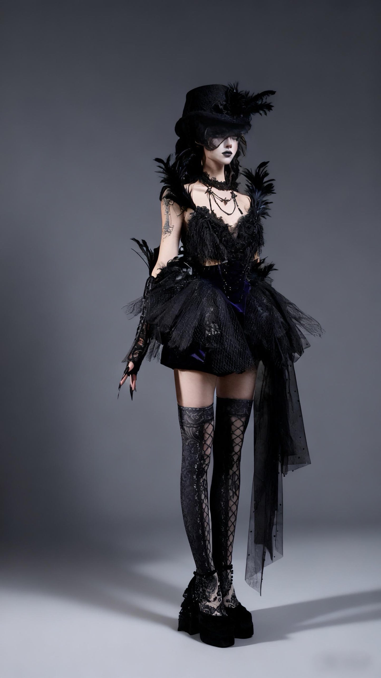 Dark Swan Gothic Feather Tutu Corset Dress with Detachable Beaded Necklace, Black Feather Ballet Dress, Couture Mini Dress