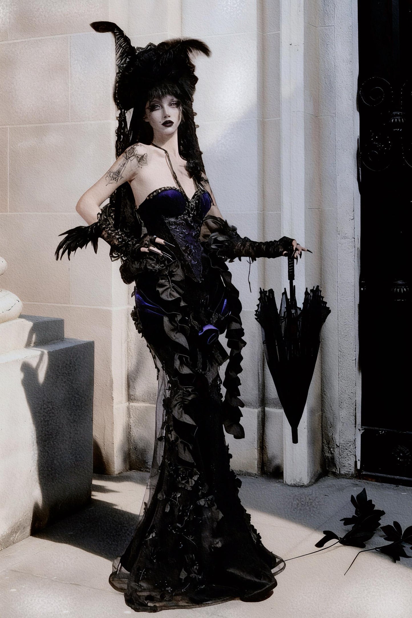 Nocturnal Siren Gothic Two-Piece Set | Velvet Corset & Embroidered Mermaid Skirt, Dark Romance Victorian Outfit, Holiday Gothic Ball Gown