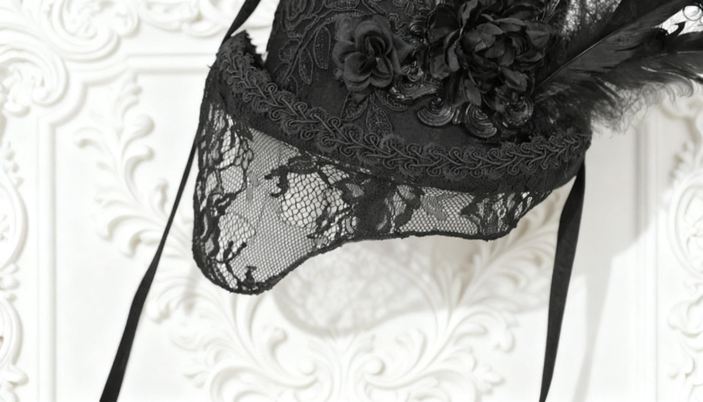 Victorian Gothic Wool Lace Top Hat, Victorian Steampunk Duke Hat with Embroidered Flowers & Feathers, Winter Gothic Costume Accessory
