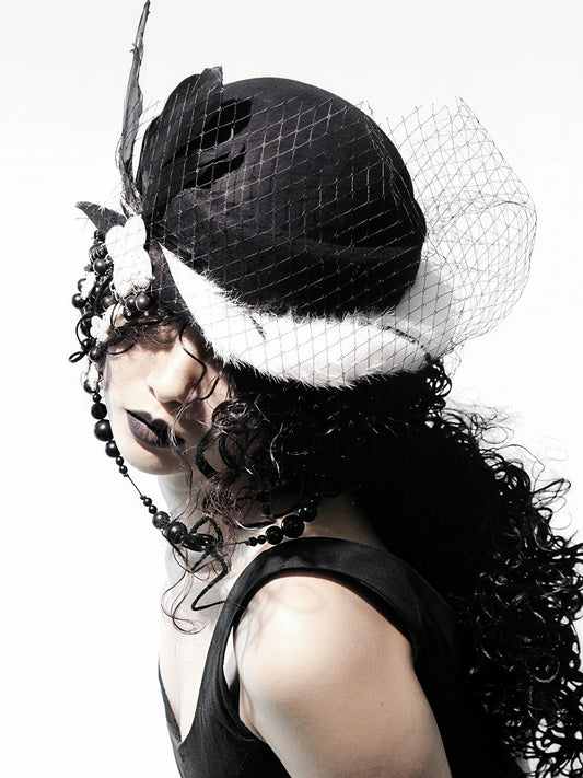 Gothic Wool Veil Hat Fascinator, Ceramic Flower, Feathers, Beaded Drape, Chrisman Victorian Dark Couture - Gothic Wool Veil Hat Fascinator, Ceramic Flower, Feathers, Beaded Drape, Chrisman Victorian Dark Couture - Dorothy