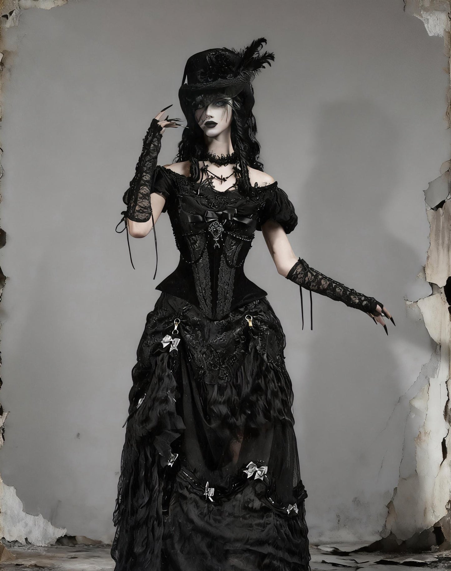 Midnight Empress Gothic 4-Piece Set | Victorian Vampire Corset Dress with Lace Top, Boned Waist Cincher, Hoop Skirt & Bustle Underskirt