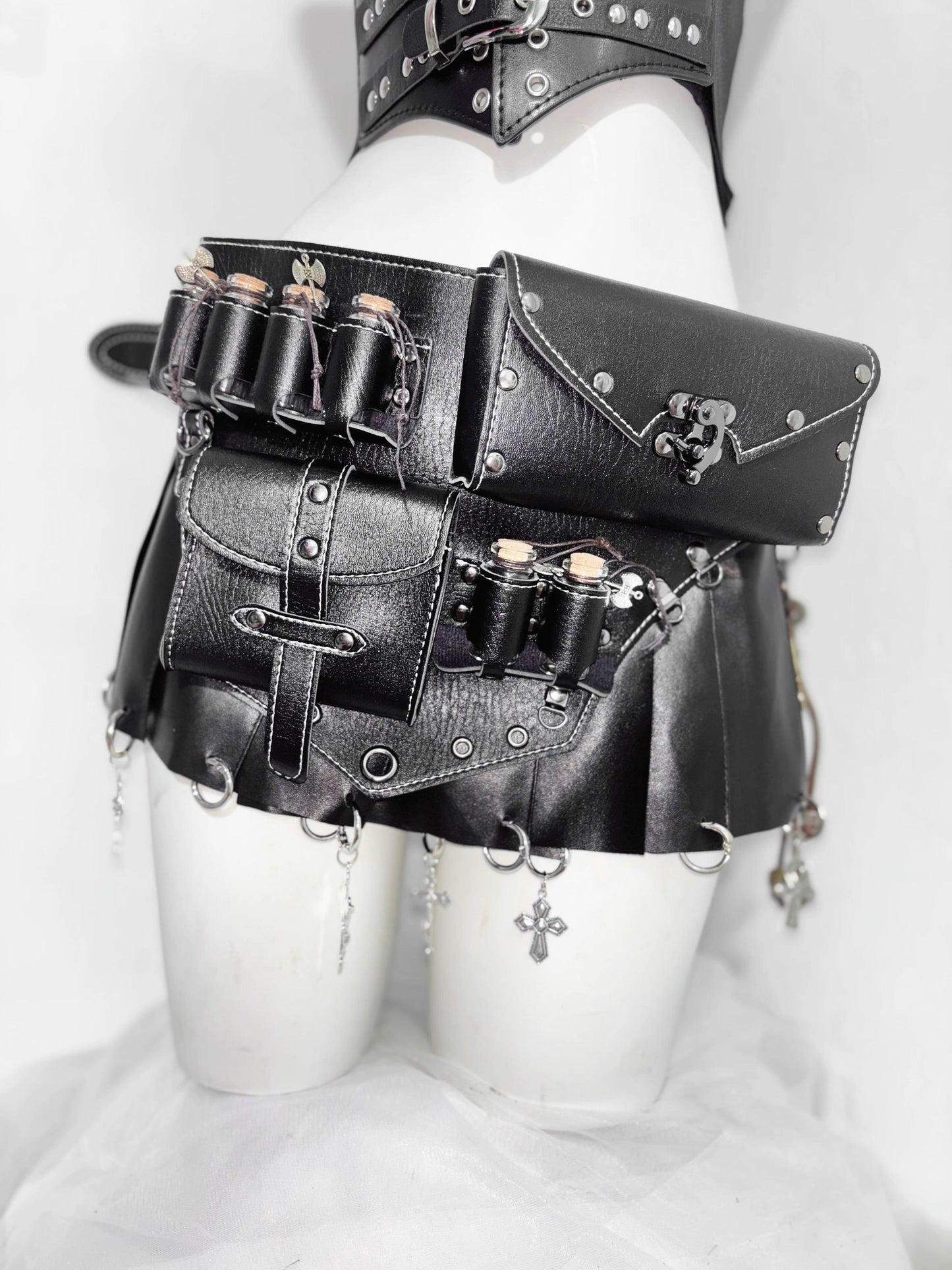 Medieval Bolldborne PU Leather Gothic Costume: Sheer Top, Corset Belt & Skirt with Potion Bottle Pockets, Fantasy Cosplay Halloween Outfit