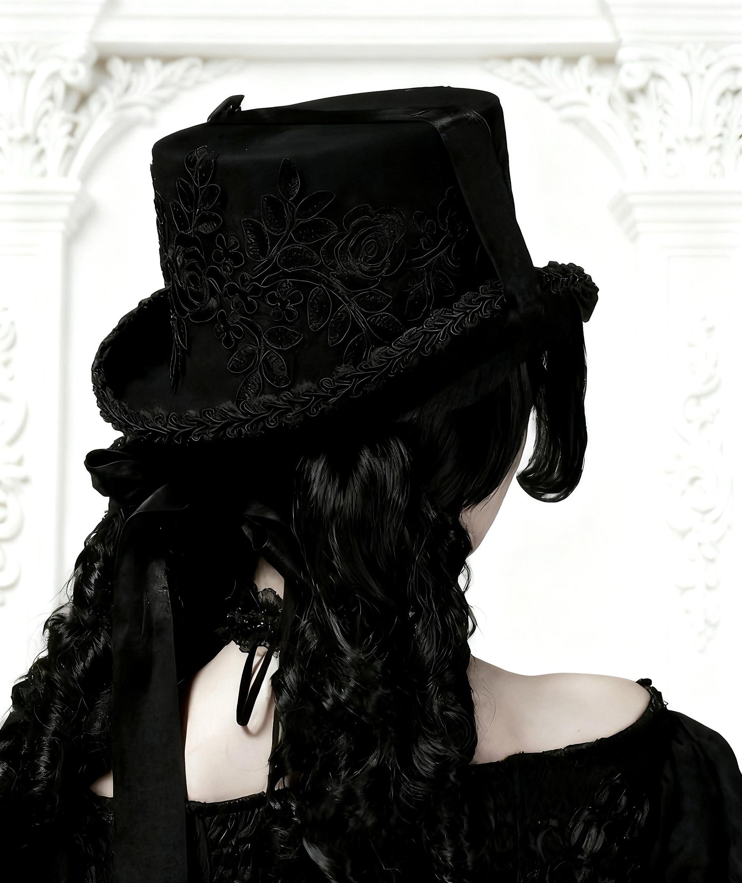 Victorian Gothic Wool Lace Top Hat, Victorian Steampunk Duke Hat with Embroidered Flowers & Feathers, Winter Gothic Costume Accessory