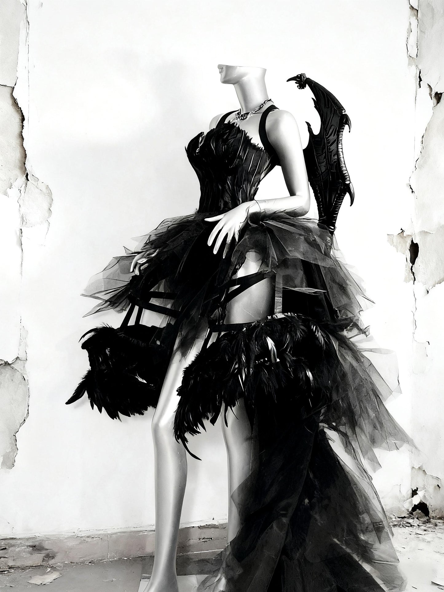 Dark Gothic Rave Festival Outfit – Black Feather Corset Gown with Dragon Wings, Fantasy Cage Skirt Dress for Halloween & Shows, Cosplay