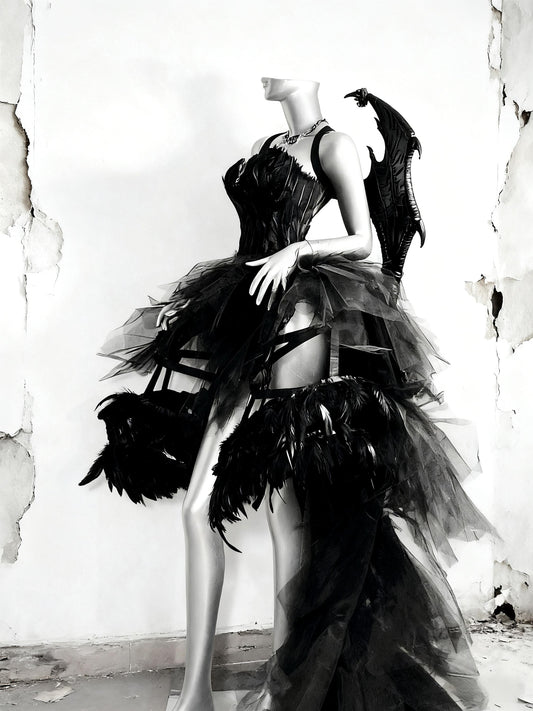 Dark Gothic Rave Festival Outfit – Black Feather Corset Gown with Dragon Wings, Fantasy Cage Skirt Dress for Halloween & Shows, Cosplay