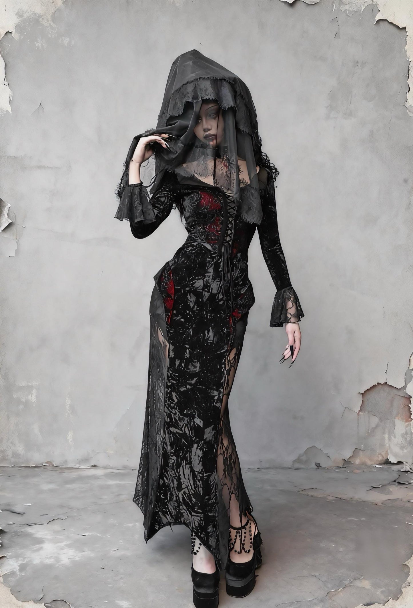 Scarlet Witch Gothic Mermaid Dress – Red Velvet Lace Vampire Gown, Dark Romance Corset Maxi Dress, Holiday Masquerade Outfit, Gift for her