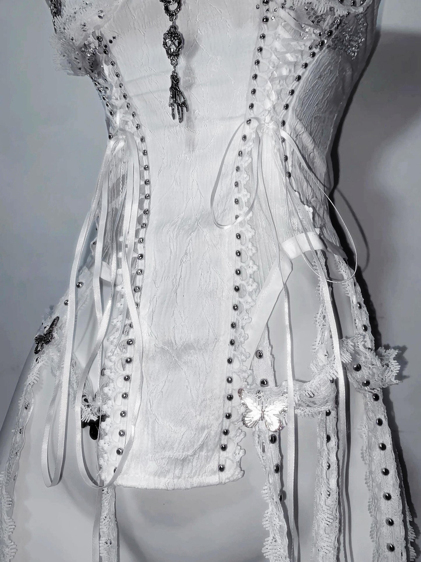 White Gothic Corset: Skull & Butterfly Bustier with Silver Chains, Dark Bride Halloween Costume, Xmas angel Cosplay Outfit