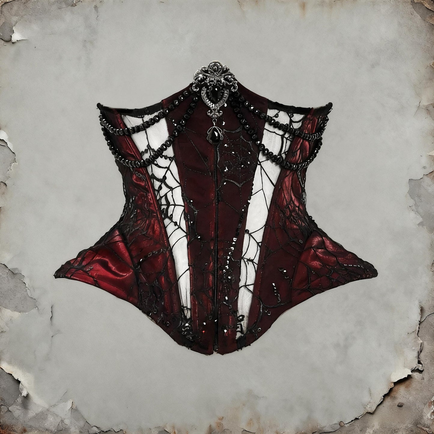 Countess of Dracula Gothic Corset Dress with Choker, Red Velvet Lace Vampire Costume, Victorian Gothic Corset Top & Layered Mesh Skirt