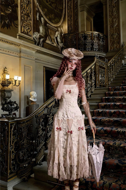 Venetian Valentine Lace Dress | Romantic Rococo Heart Cutout Gown, Vintage Beige Pink Tulle Dress, Fairy Balletcore Party Outfit