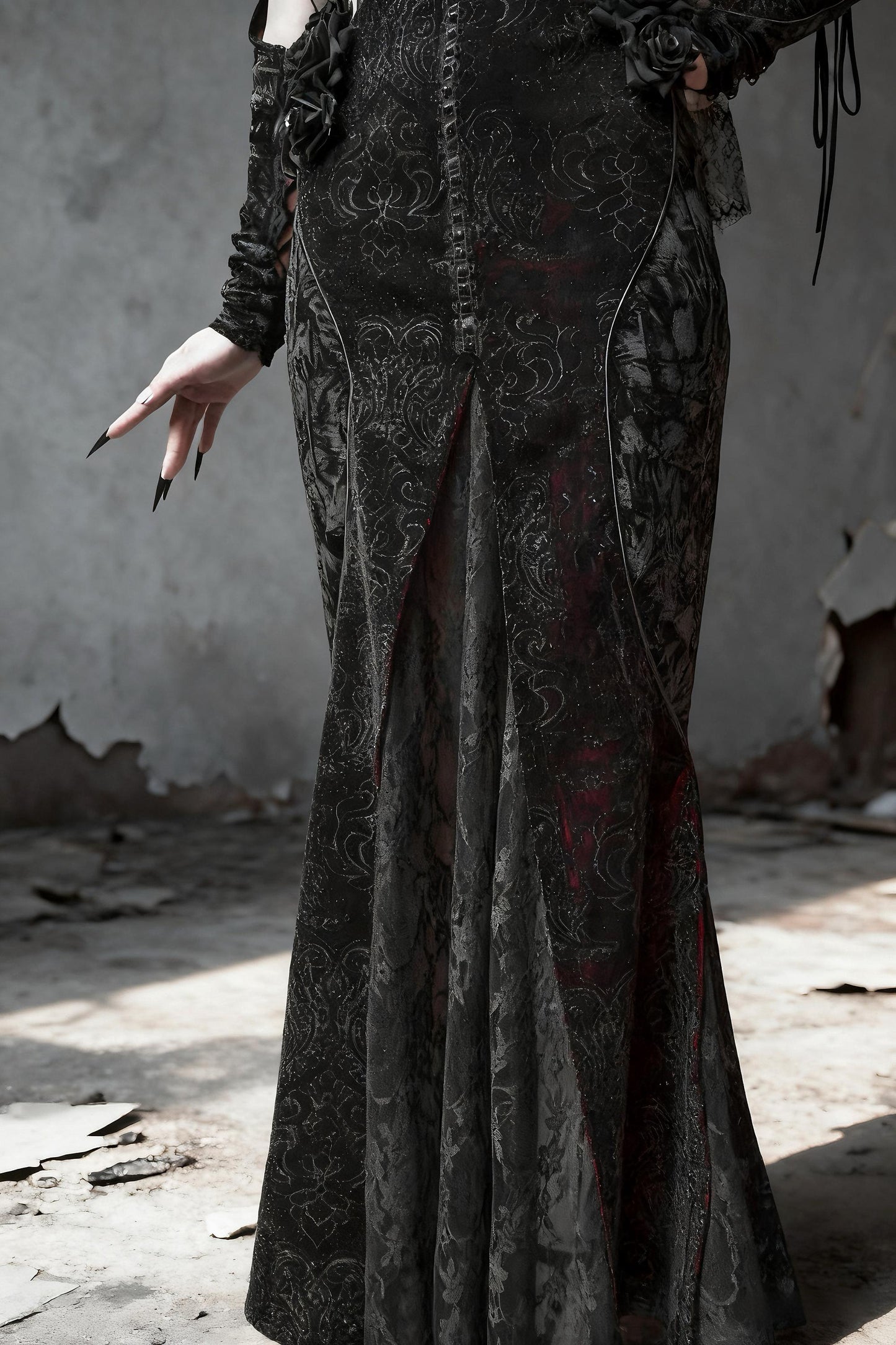 Scarlet Witch Gothic Mermaid Dress | Black Velvet Corset Gown, Dark Red Lace Evening Dress, Holiday Vampire Ball Outfit