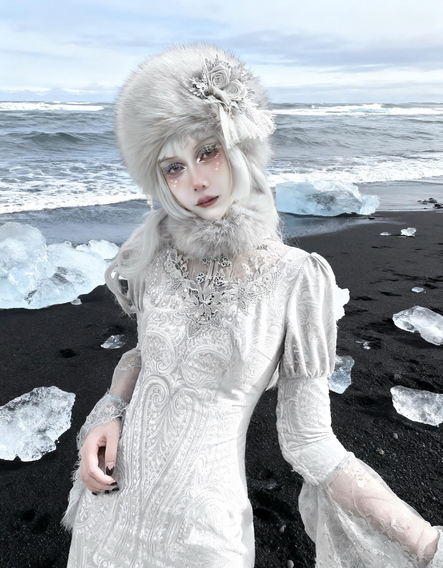 Gothic Faux Fur Winter Hat – Warm Lace Rose Headpiece, Victorian Lolita Cosplay Headdress, Halloween Costume Accessory, gift for cosplayer