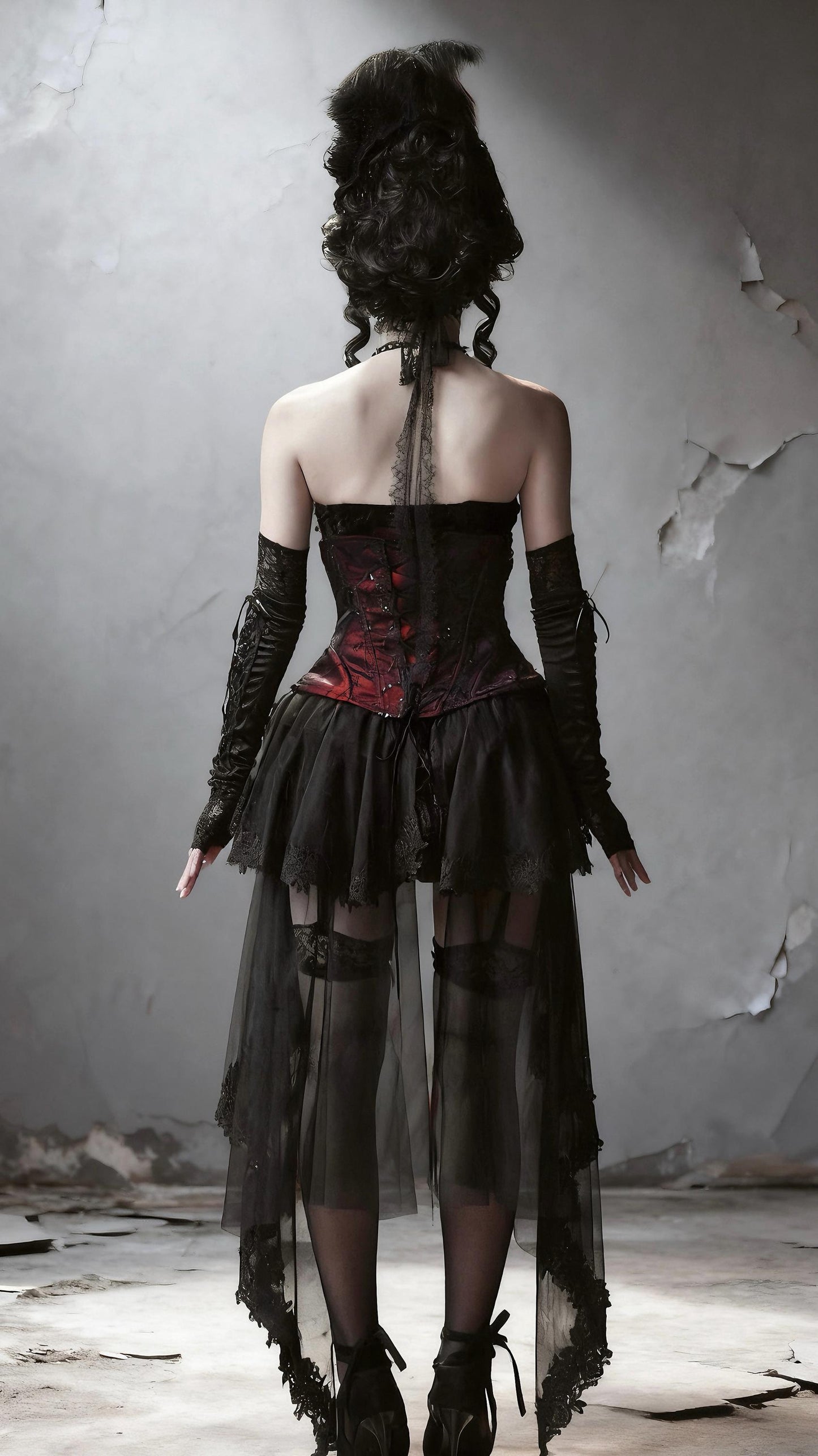 Countess of Dracula Gothic Corset Dress with Choker, Red Velvet Lace Vampire Costume, Victorian Gothic Corset Top & Layered Mesh Skirt
