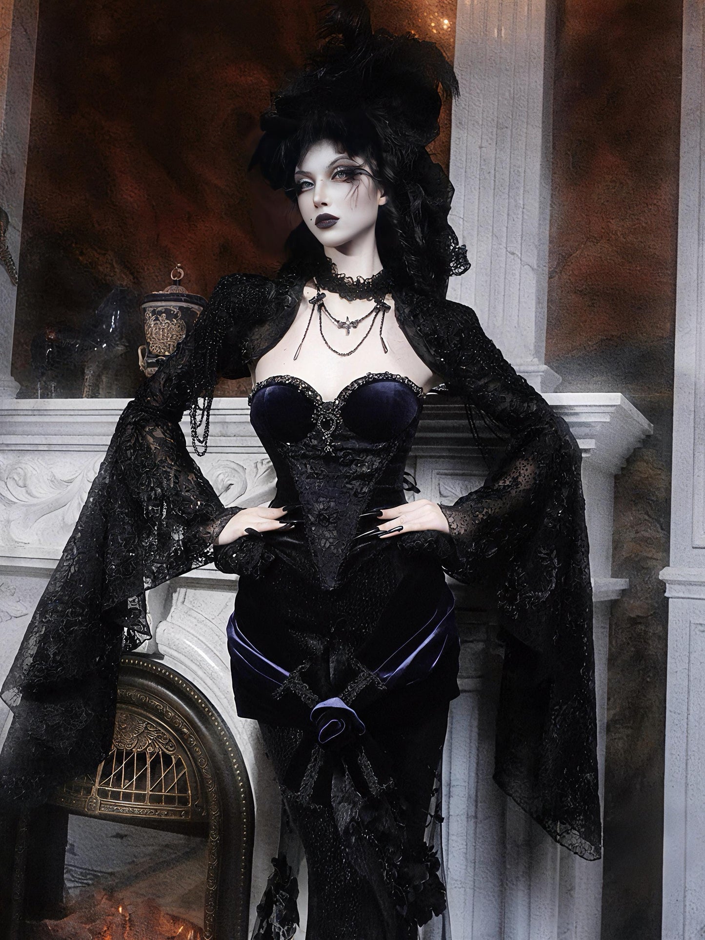 Dark Oracle Lace Bolero, Gothic Bell-Sleeve Shrug, Beaded Embroidered Capelet, Victorian Vampire Shawl, Christmas & New Year Party Cover-Up