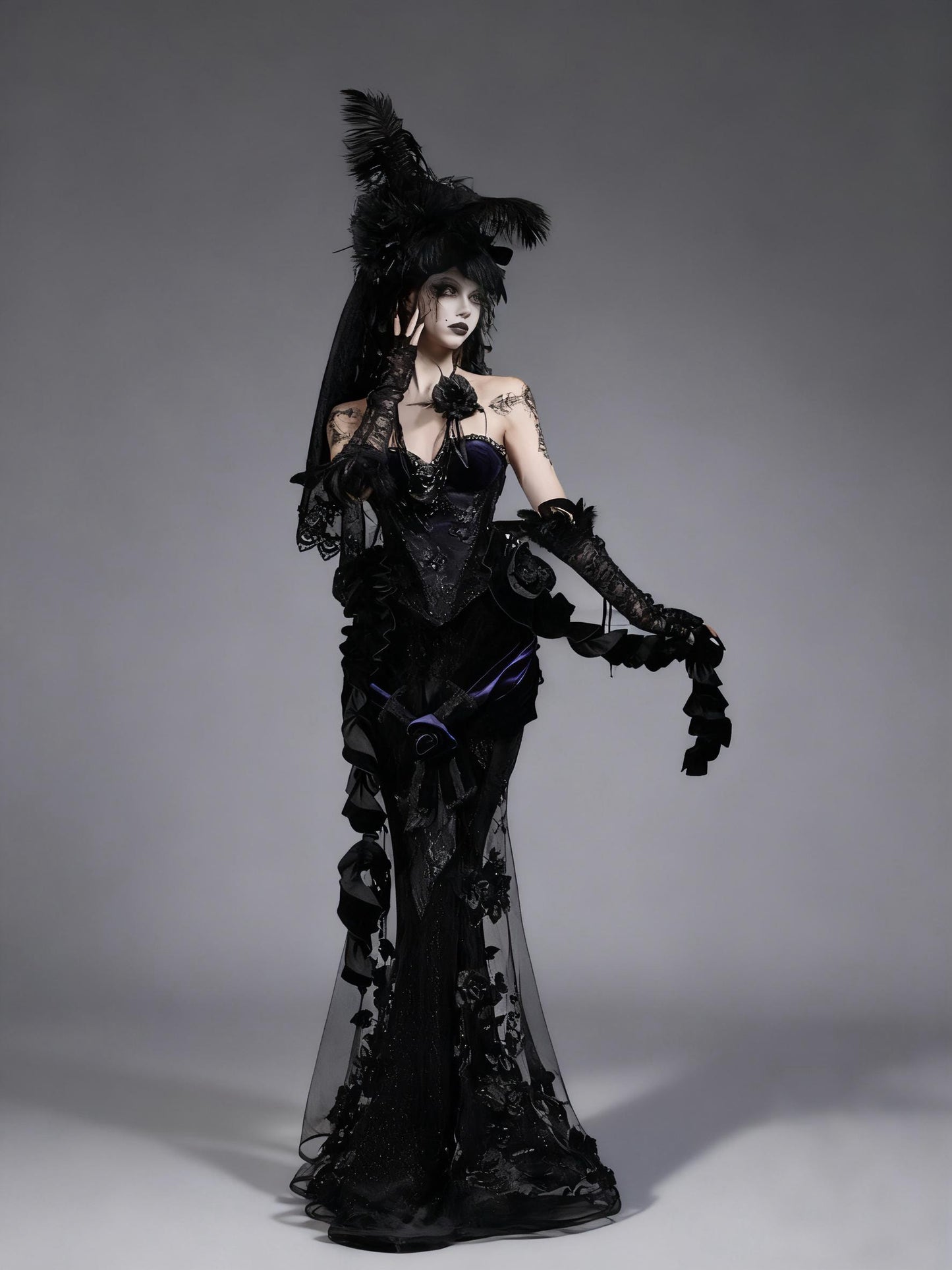 Nocturnal Siren Gothic Two-Piece Set | Velvet Corset & Embroidered Mermaid Skirt, Dark Romance Victorian Outfit, Holiday Gothic Ball Gown