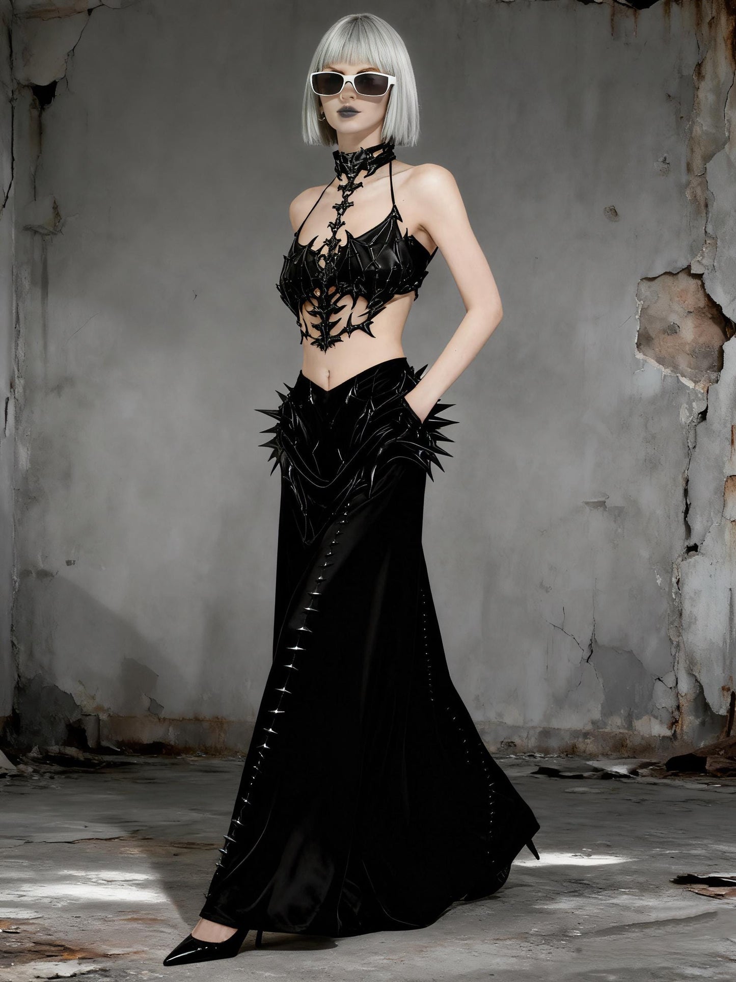 Dark Fantasy Gothic Spine Corset Costume 3D Printed Bat Wing Armor Top, Skeleton Chest Sculpture, Wearable Art Body Armo for Cosplay