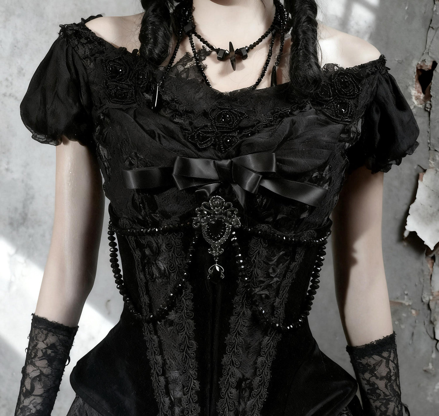 Midnight Empress Gothic 4-Piece Set | Victorian Vampire Corset Dress with Lace Top, Boned Waist Cincher, Hoop Skirt & Bustle Underskirt