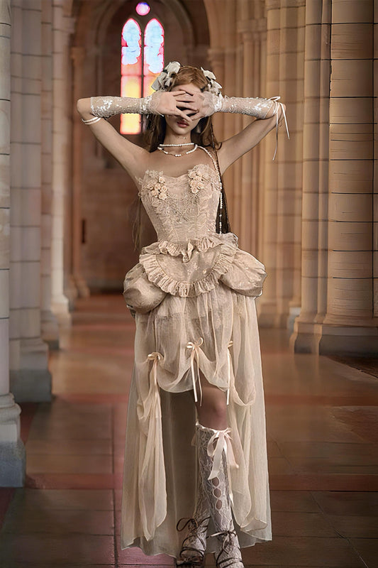 Rococo Blush Garden Corset | 3D Rose Lace Bodice, Fairycore Apron Peplum, Bridal fantasy themes, Xmas & New Year Outfit, Baroque Party Dress