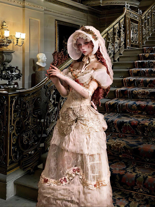 Baroque Blush Garden Lace Ball Gown with Bustle | Rococo Beige Pink Dress, Victorian Christmas Outfit, New Year Gala Historical Gown