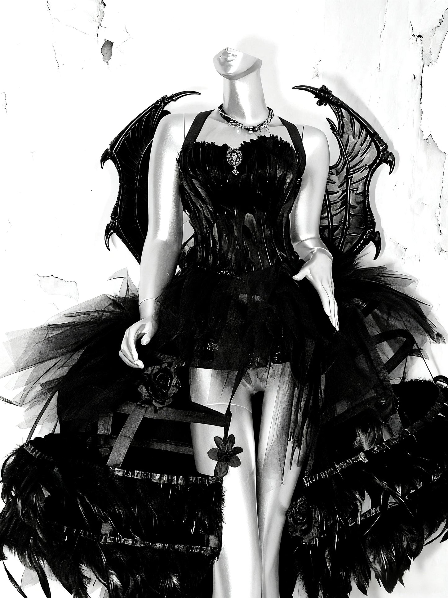 Dark Gothic Rave Festival Outfit – Black Feather Corset Gown with Dragon Wings, Fantasy Cage Skirt Dress for Halloween & Shows, Cosplay