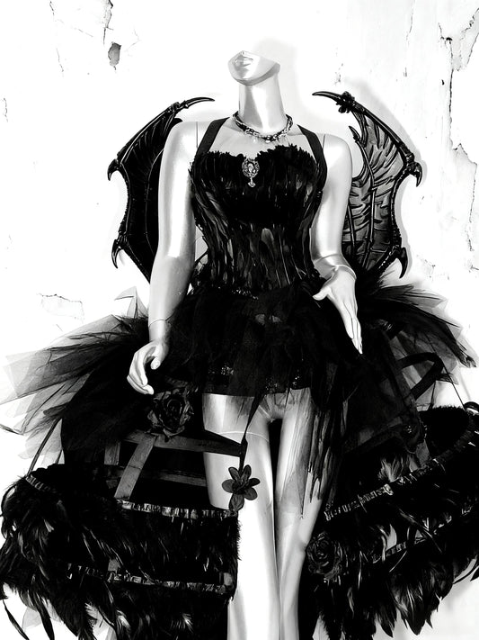 Dark Gothic Rave Festival Outfit – Black Feather Corset Gown with Dragon Wings, Fantasy Cage Skirt Dress for Halloween & Shows, Cosplay