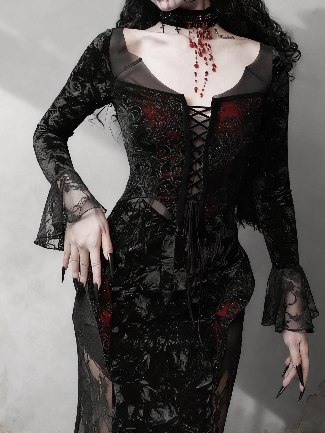 Scarlet Witch Gothic Mermaid Dress – Red Velvet Lace Vampire Gown, Dark Romance Corset Maxi Dress, Holiday Masquerade Outfit, Gift for her