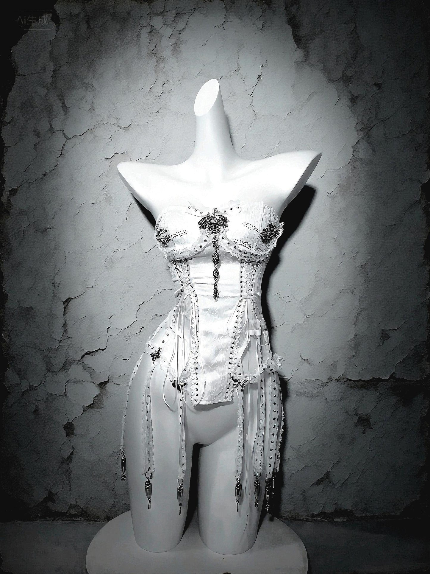 White Gothic Corset: Skull & Butterfly Bustier with Silver Chains, Dark Bride Halloween Costume, Xmas angel Cosplay Outfit