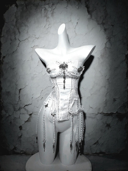 White Gothic Corset: Skull & Butterfly Bustier with Silver Chains, Dark Bride Halloween Costume, Xmas angel Cosplay Outfit