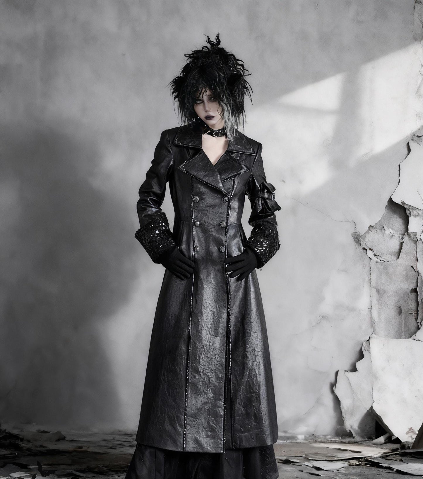 Gothic Black Trench Coat | Double Breasted Vegan Leather Overcoat with Fleece Lining, Steampunk Witch Outerwear, Punk Coat