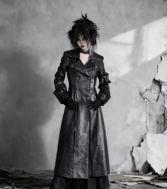 Gothic Black Trench Coat | Double Breasted Vegan Leather Overcoat with Fleece Lining, Steampunk Witch Outerwear, Punk Coat