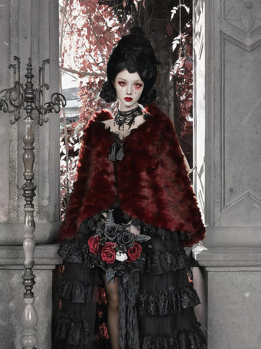 Crimson Duchess Faux Fur Cape | Gothic Holiday Shawl, Vintage Red Wrap Coat for Christmas Party, Winter Ball & New Year Gala