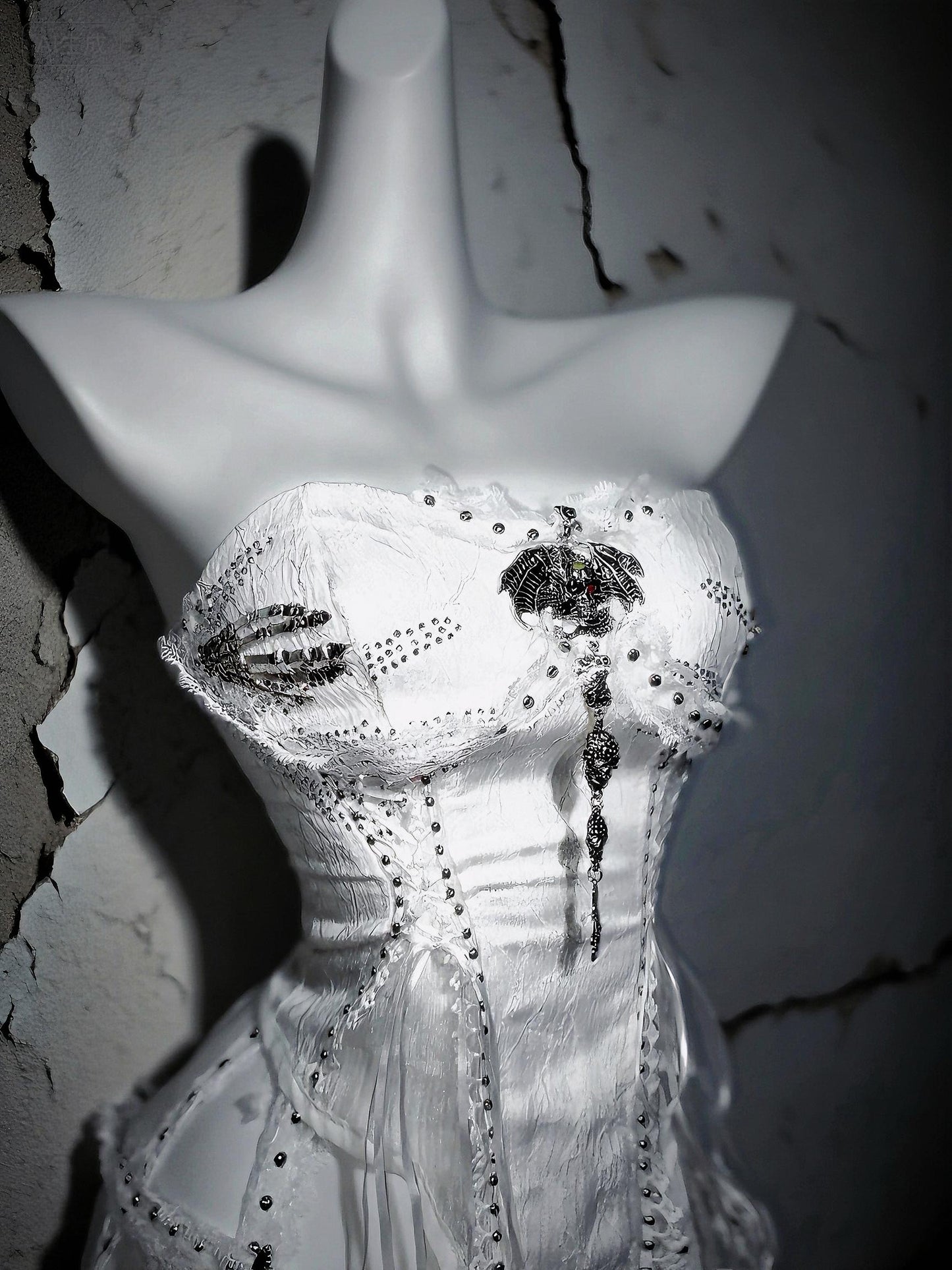 White Gothic Corset: Skull & Butterfly Bustier with Silver Chains, Dark Bride Halloween Costume, Xmas angel Cosplay Outfit