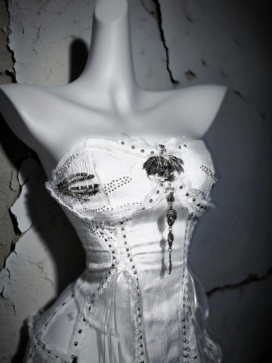 White Gothic Corset: Skull & Butterfly Bustier with Silver Chains, Dark Bride Halloween Costume, Xmas angel Cosplay Outfit