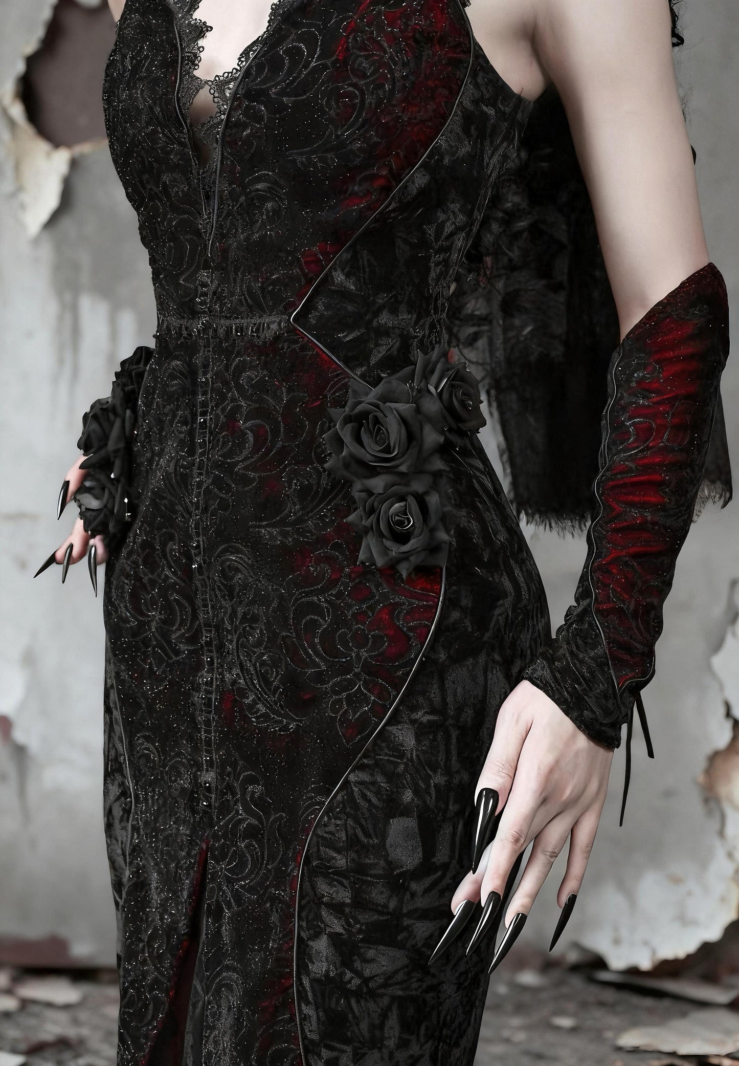 Scarlet Witch Gothic Mermaid Dress | Black Velvet Corset Gown, Dark Red Lace Evening Dress, Holiday Vampire Ball Outfit