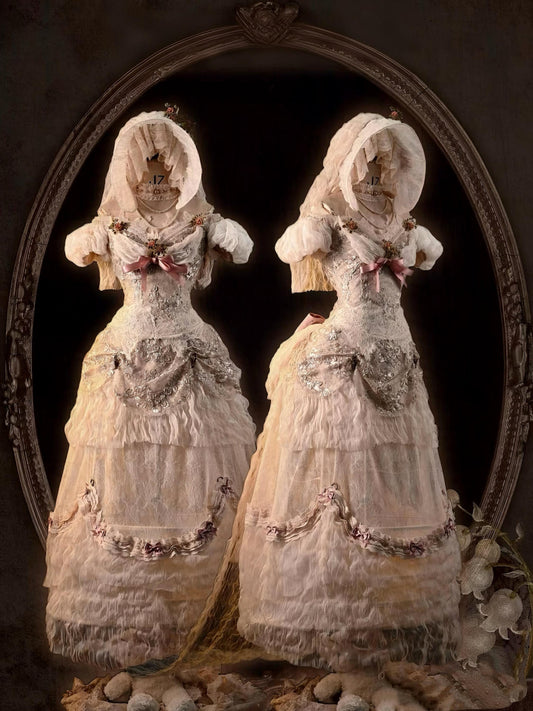 Baroque Blush Garden Lace Ball Gown with Bustle | Rococo Beige Pink Dress, Victorian Christmas Outfit, New Year Gala Historical Gown