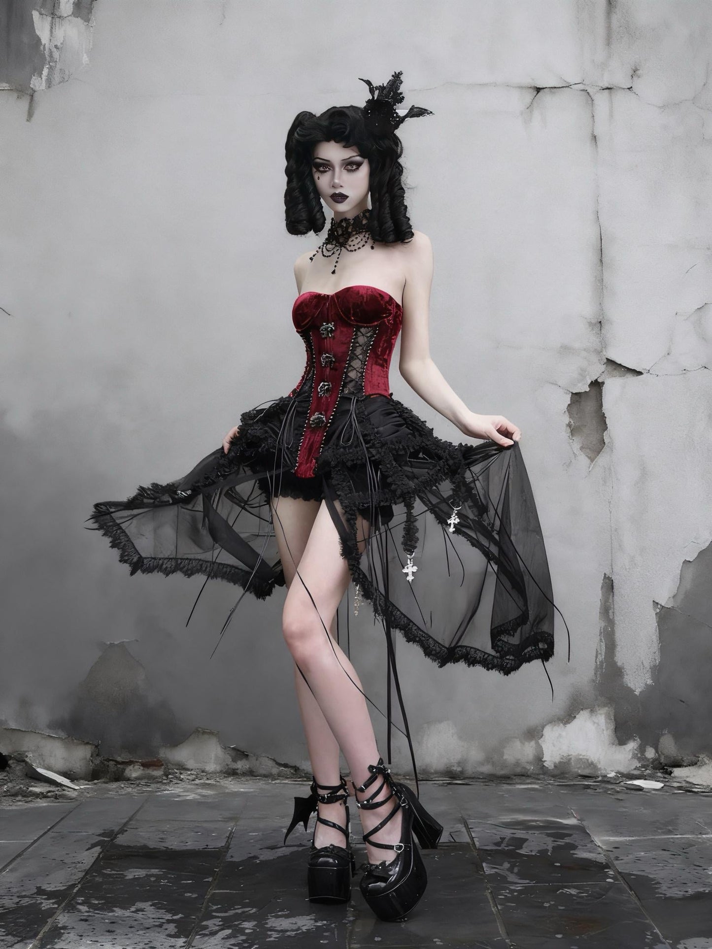Xmas Countess Gothic Corset 3 Pieces Set, Red Velvet and Black Lace Cage Skirt, Medieval Gothic Bustier with Cross Charms & Baroque Hooks