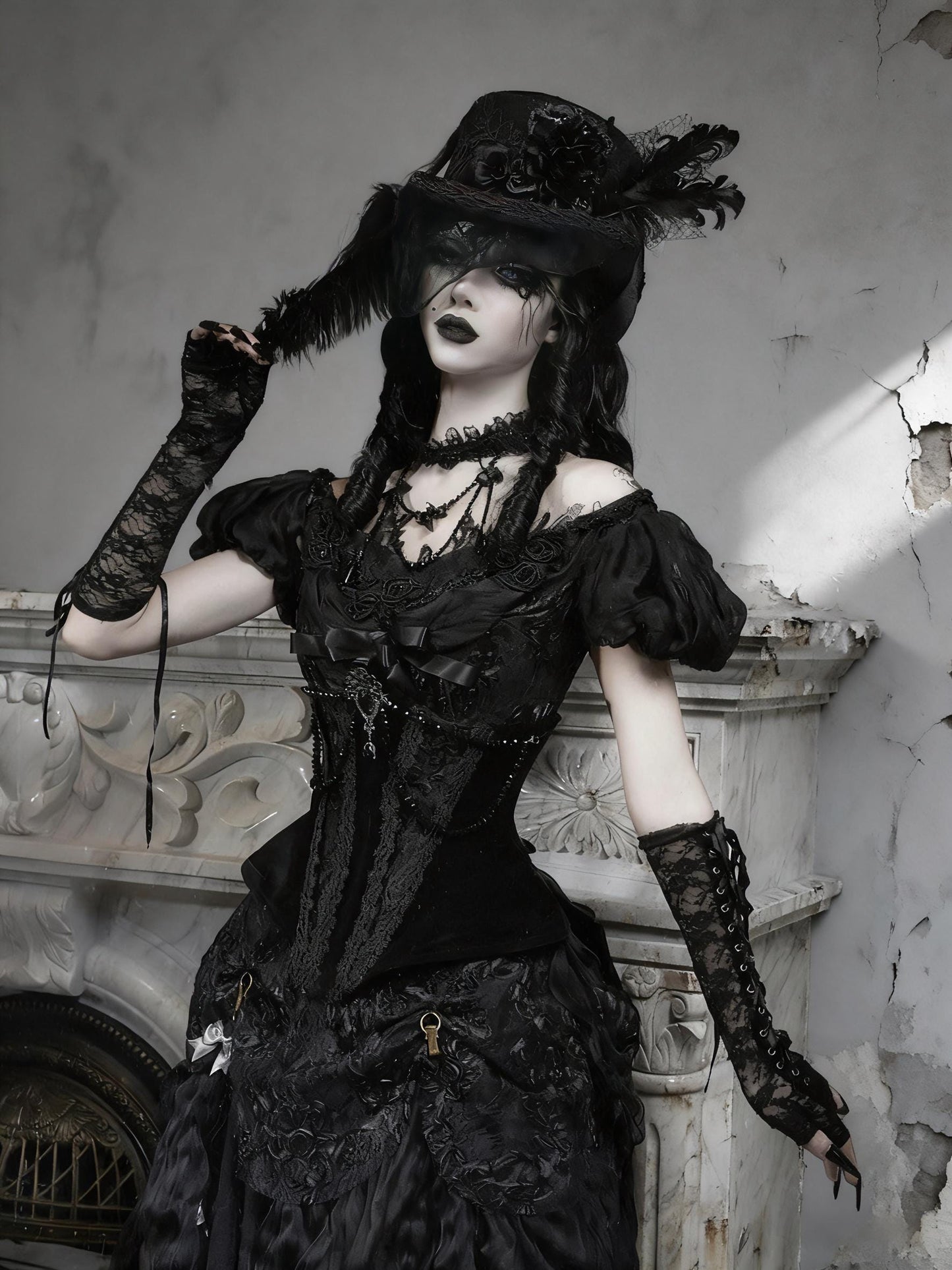 Midnight Empress Gothic 4-Piece Set | Victorian Vampire Corset Dress with Lace Top, Boned Waist Cincher, Hoop Skirt & Bustle Underskirt