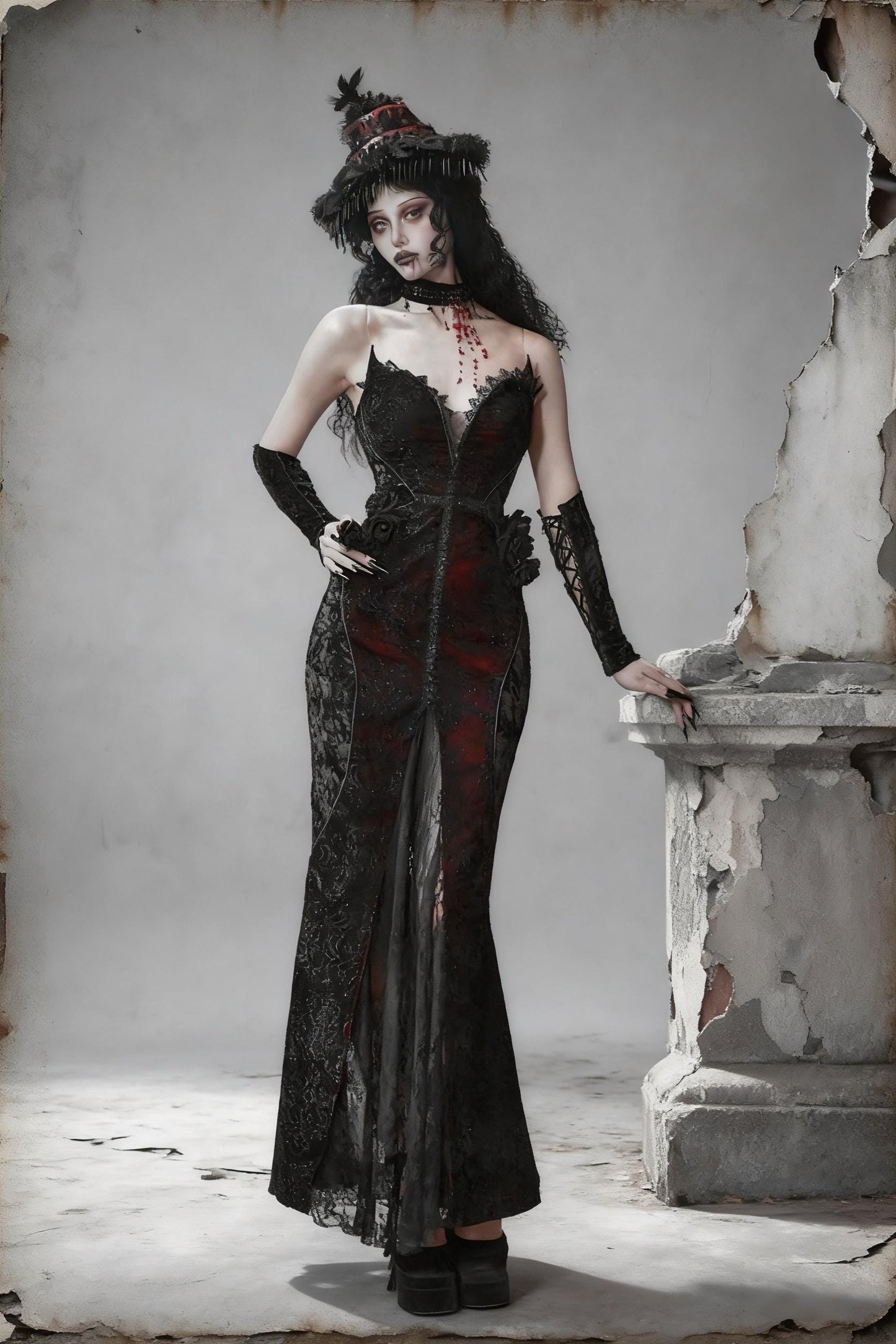 Scarlet Witch Gothic Mermaid Dress | Black Velvet Corset Gown, Dark Red Lace Evening Dress, Holiday Vampire Ball Outfit