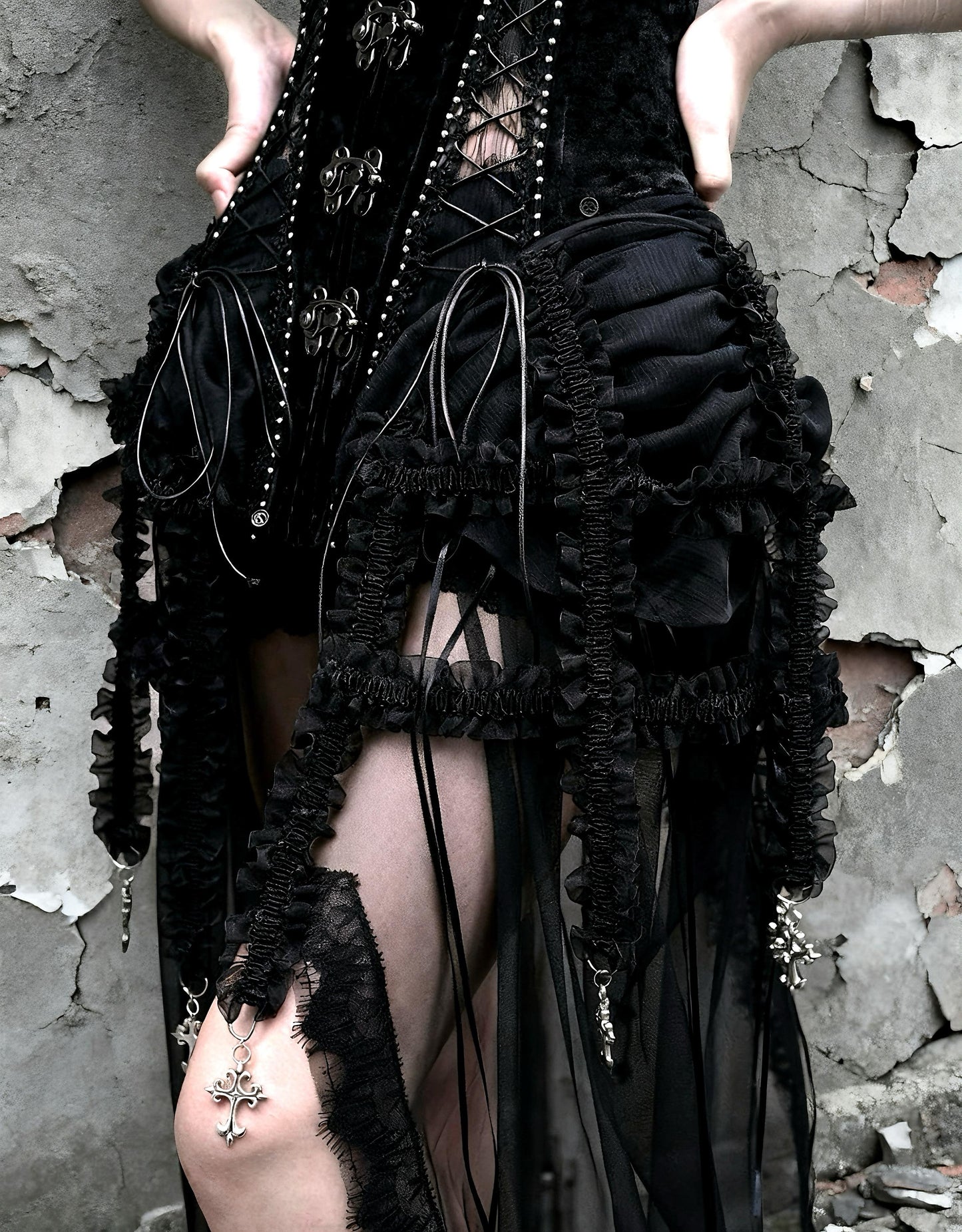 Hell Alice Gothic Corset 3 Pieces Set – Medieval Dark Angel Cage Skirt Burlesque Party Costume, Gift for Cosplayer, The Black Countess, Xmas